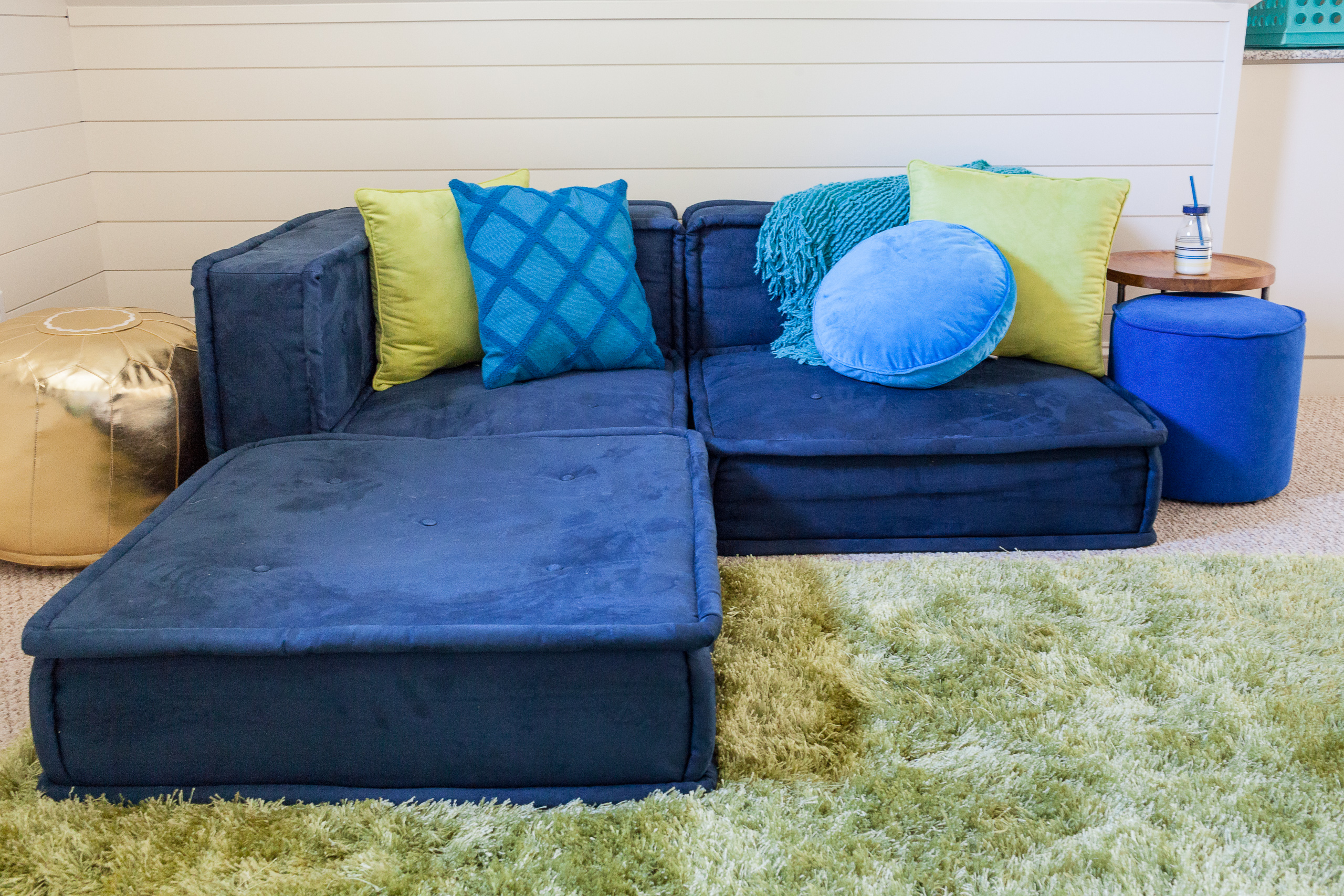 blue sofa rec room